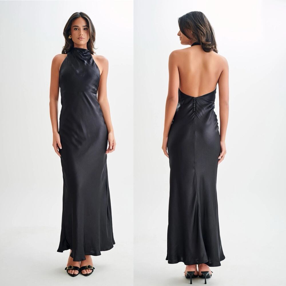 MESHKI Esther Maxi Dress Black Sz Large Iridescent Satin Cowl 90s Minimalist